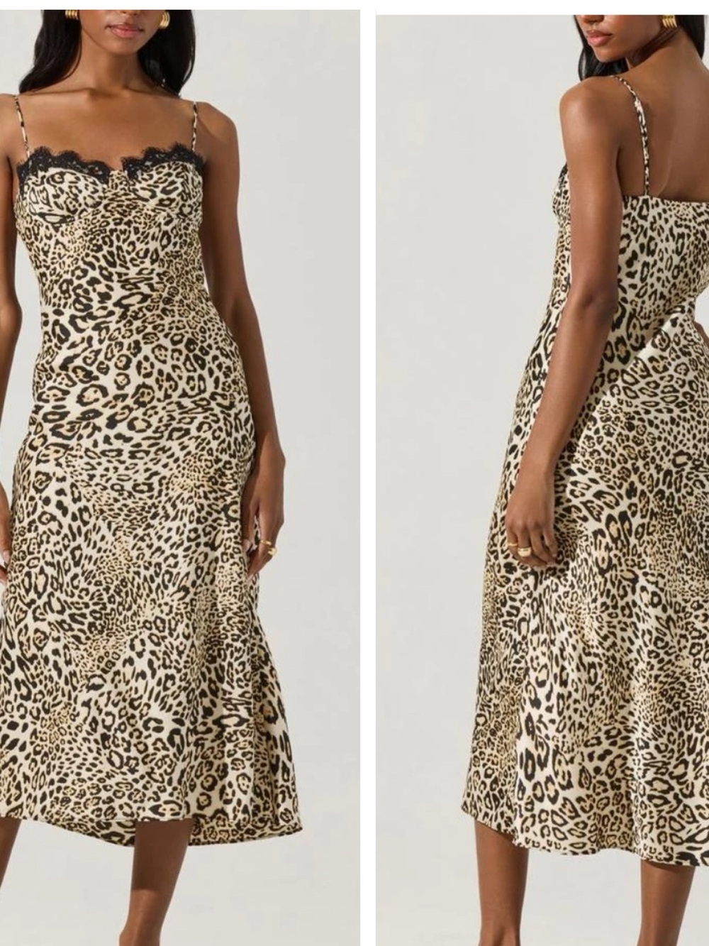 ASTR the label slip Dress Womens size Large Leopard Print Midi Satin lace trim